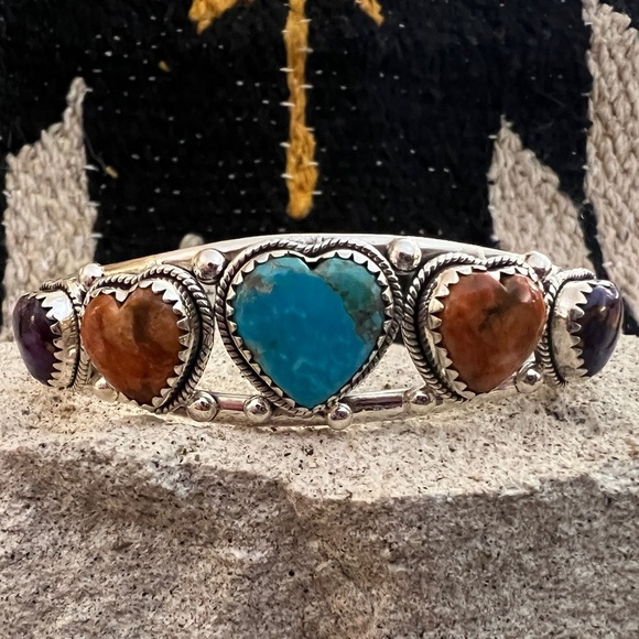 Turquoise, Spiny Oyster, Purple Dahlia 925 ADJUSTABLE Navajo Heart Cuff 26.2Gm - Picture 1 of 14